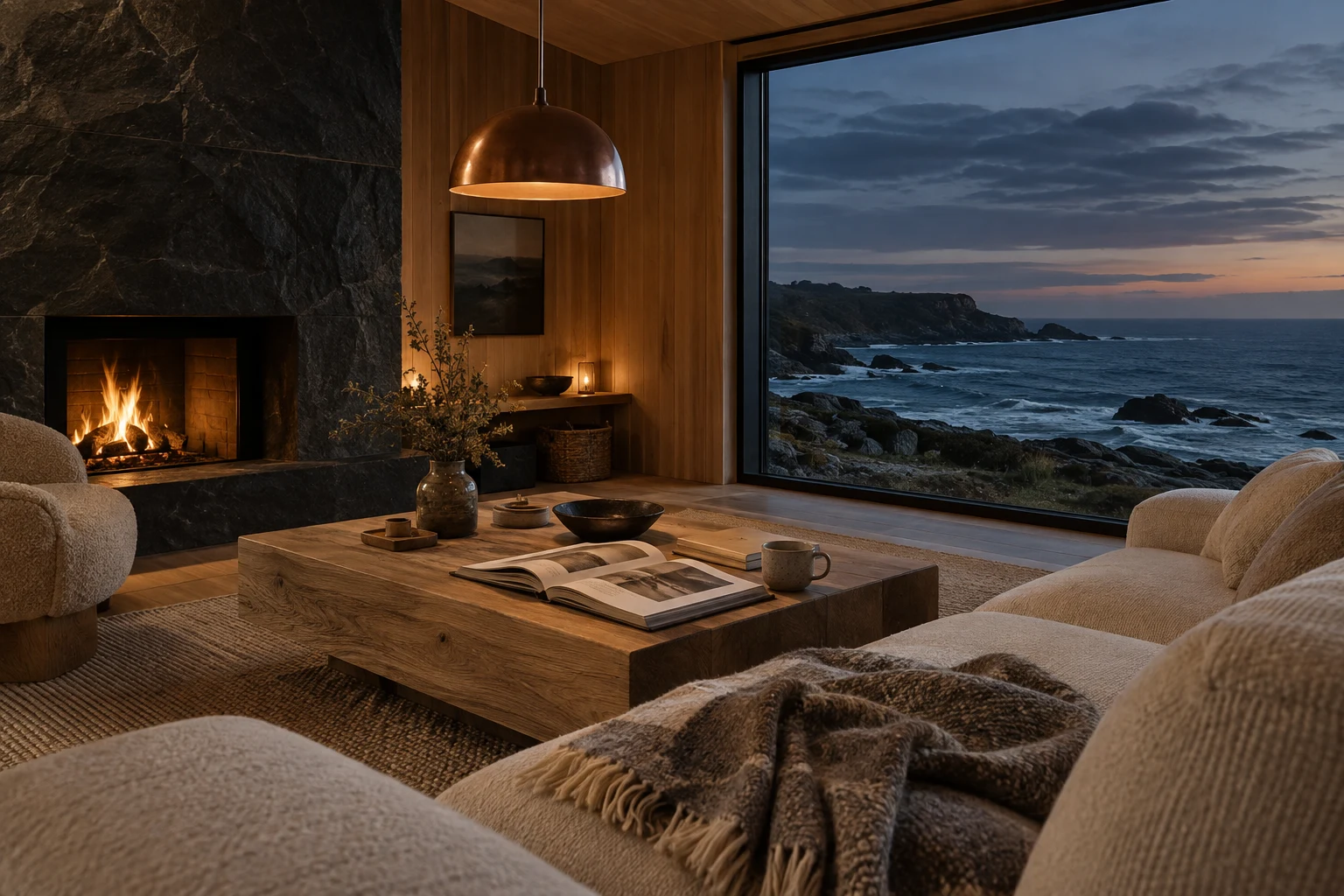 AI-generated coastal living room with timber walls and ocean views; fictional interior